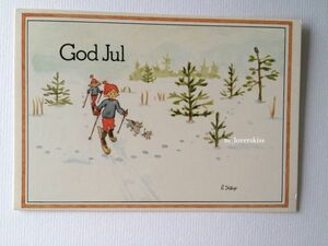 【北欧雑貨スウェーデン】ヴィンテージ◆使用済みポストカード・コレクション・消印1977年《スキーをする子》切手・クリスマスの準備