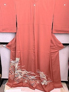 M570-12B) three tsu. color tomesode length 166 length of a sleeve 52,5.66 front width 23,5 after width 30 double-woven obi 30,5x430. long kimono-like garment 