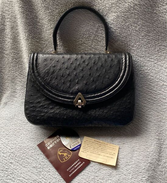 JRA オーストリッチ ハンドバッグ 黒 ブラック あおりバッグ シルバー銀色 金具