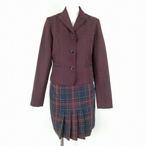 1円 韓国制服 ブレザー チェックスカート 上下2点セット 冬物 女子 学生服 中学 高校 エンジ 制服 中古 ランクC KU1055