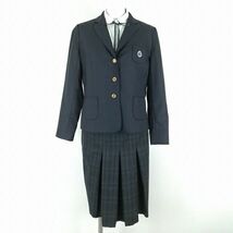 1円 韓国制服 ブレザー チェックスカート 紐タイ 上下4点セット 冬物 女子 学生服 ソウルクァンフィ中学 紺 制服 中古 ランクC KU1056_画像1