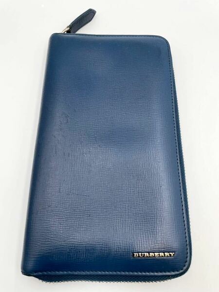 美品　バーバリー　ラウンドファスナー　長財布　ブルー　小銭入れ付き　PVC メンズ　レディース　二つ折り財布　カードケース