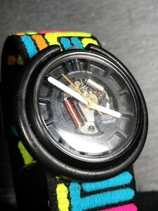 Pop Swatch ポップスウォッチ クオーツ 腕時計 ブラック文字盤 布バンド 日常生活防水 ビンテージ 1980’S メンズ アナログ スケルトン