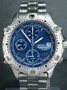 SEIKO セイコー CHRONOGRAPH クロノグラフ 7T32-6E40 メンズ 腕時計 アナログ カレンダー ブルー文字盤 新品電池交換済み 動作確認済み