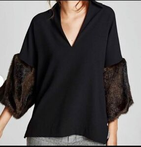 ZARA 袖ファーチュニック　オーバーブラウス　ブラック　XS トップス