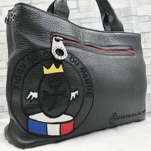 現行 CASTELBAJAC カステルバジャック ドライビングトートバッグ ハンドバッグ ワッペン 刺繍 リンク LINK 家紋 オールレザー シボ革 黒 