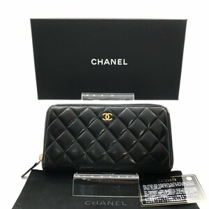 1円 良品 CHANEL シャネル ラムスキン ココマーク マトラッセ ジップ ウォレット 長財布 ブラック A1107