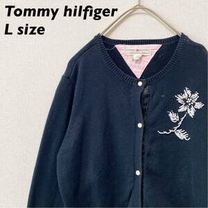 トミーヒルフィガー　ニットカーディガン　ビーズ　花　無地　黒色　Lサイズ　Tommy hilfiger 大きいサイズ　ブラック