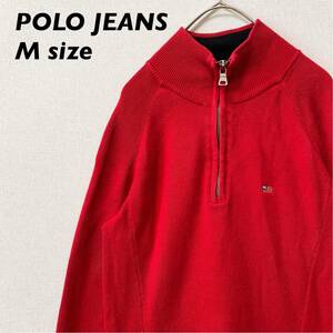 ポロジーンズ　ニット　セーター　ハーフジップ　刺繍ロゴ　無地　男女兼用　Mサイズ　POLO JEANS ユニセックス　赤色　コットンニット