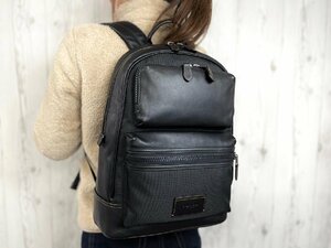 未使用展示品 COACH コーチ バックパック リュックサック バッグ レザー×ナイロンキャンバス 黒 A4収納可 メンズ 66524