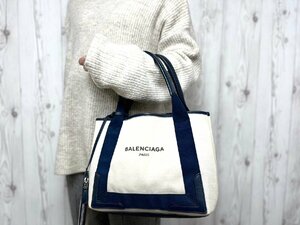 極美品 BALENCIAGA バレンシアガ ネイビーカバスS トートバッグ ハンドバッグ バッグ キャンバス×レザー ナチュラル×紺 67252