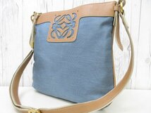 極美品 LOEWE ロエベ ショルダーバッグ バッグ ナイロンキャンバス×レザー 茶×水色 66834_画像4