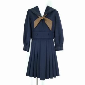 1円 セーラー服 スカート スカーフ 上下3点セット 大きいサイズ 冬物 緑3本線 女子 学生服 大阪樟蔭高校 紺 制服 中古 ランクC NA4541