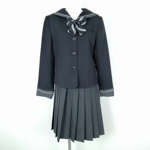 1円 セーラー服 スカート リボン 上下3点セット L トンボ 冬物 グレー1本線 女子 学生服 東京明法中学高校 黒 制服 中古 ランクB NA6641