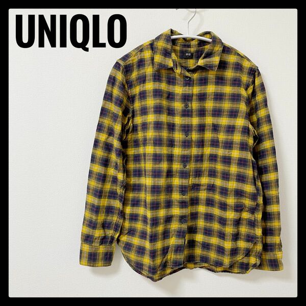UNIQLO ユニクロ ネルシャツ イエロー×ネイビー 長袖 綿100% コットン レディース Sサイズ 古着