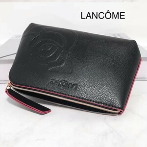 新品 ブランド ランコム LANCOME 化粧ポーチ コスメポーチ トラベルポーチ 型押しレザー ローズ ブラック 黒 バラ 薔薇 M きれい 防水 旅行