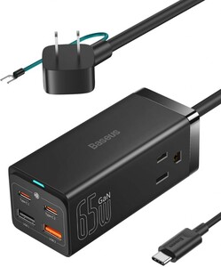 Baseus PD 充電器 65W USB 電源タップ 1250W 6ポート GaN3Pro採用【2*USB-C 2*USB-A 2*AC差込口/ほこり防止シャッター/アース付き】