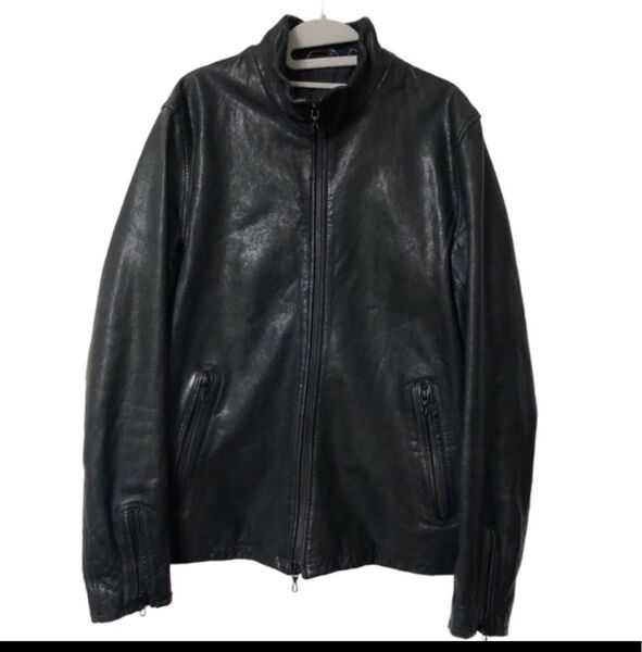 ナノユニバース ライダース ジャケット レザー ネイビー サイズM 革ジャン 羊革 シングルライダース