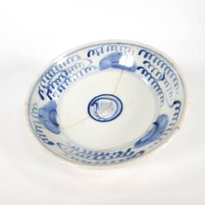 【修復あり】古伊万里 なます皿 うぶ品 よろけ 青華 唐草 染付 皿 器 古い 古玩 骨董 古陶磁 時代物