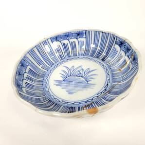 【修復あり】古伊万里 なます皿 うぶ品 よろけ 青華 江戸幕末染付 皿 器 古い 古玩 骨董 古陶磁 時代物