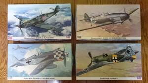 【ハセガワ】1/48 ドイツ機メッサーシュミットBf109E-1「ブリッツクリーク」,Bf109G-10,フォッケウルフFw190A-6,A-5の４点セット【未組立】