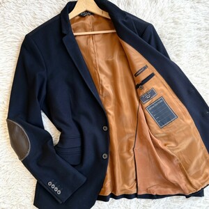 ZARA MAN 【圧巻のデザイン】 希少サイズ54 2XL ネイビー テーラードジャケット エルボーパッチ 総裏地 ザラ メンズ しっかりとした生地感