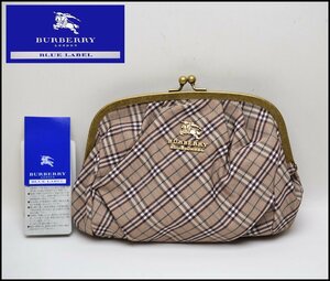 美品 BURBERRY BLUE LABEL ノバチェック がま口 ポーチ コスメポーチ 小物入れ ナイロン×レザー 保存袋付 バーバリー ブルーレーベル