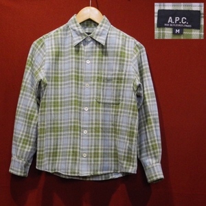 A.P.C. アーペーセー 90's フランス製 デザイン 長袖シャツ ネルシャツ カーキ 水色 チェック柄 M サイズ