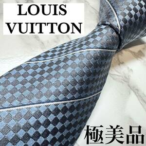 未使用級 茶タグ レア LOUIS VUITTON ネクタイ シルク100% マイクロダミエ LVロゴ レジメンタル レギュラータイ ブランドロゴ 刺繍 グレー