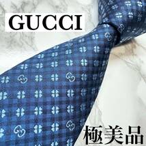 未使用級 現行タグ 人気 GUCCI ネクタイ シルク100% GG柄 クローバー 蜂 ソーホー ナロータイ ブランドロゴ 刺繍 ネイビー 送料無料_画像1