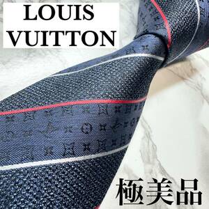 極美品 レア LOUIS VUITTON ネクタイ シルク100% モノグラム レジメンタル LVロゴ レギュラータイ ブランドロゴ 刺繍 ネイビー 送料無料