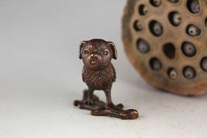 極美古銅煎茶道具 質感 細工実心実感銅製小型犬頭鳥　置物　可愛くて心癒す