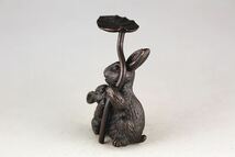極美古銅煎茶道具質感細工銅ウサギ親子葉傘蓋置香器道具_画像5
