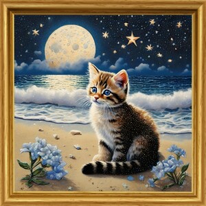 Art hand Auction Cat, sea, night sky, moon and stars, illustration, painting, interior, kitten, large size print, handmade, NO30, Artwork, Painting, others