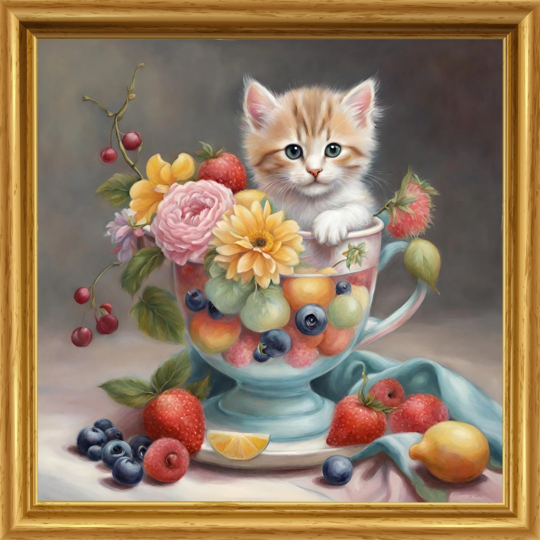 Taza de gato gato fruta flor ilustración pintura interior gatito tamaño L impresión hecha a mano NO36, obra de arte, cuadro, otros