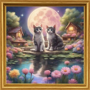 猫　花　池　月　イラスト　絵　絵画　インテリア　子猫 Ｌ版サイズプリント ハンドメイド　NO75