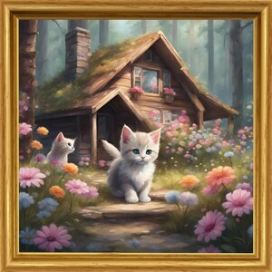 Art hand Auction Cat Flower Forest Illustration Picture Painting Interior Kitten L size print Handmade NO73 White cat Landscape, Artwork, Painting, others