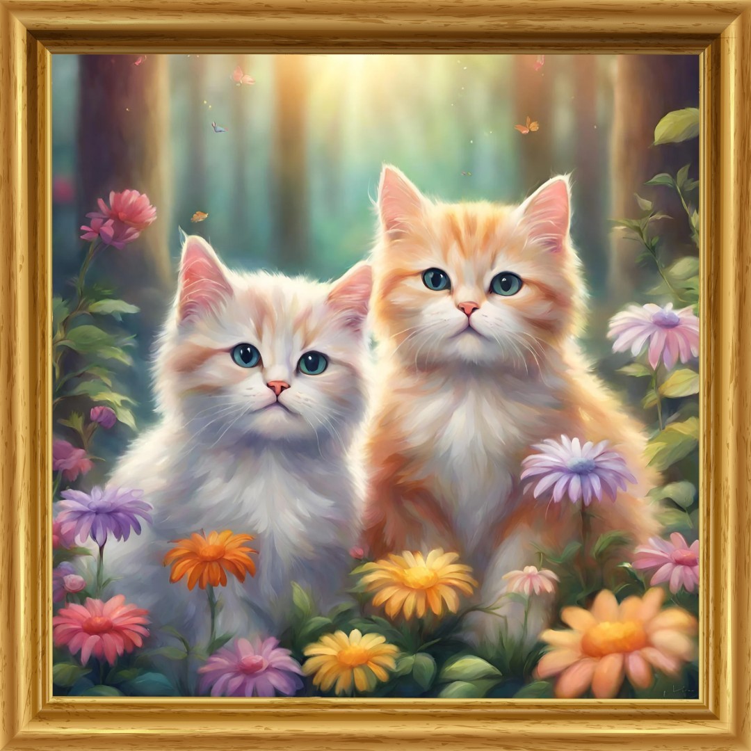 Cat Flower Forest Illustration Picture Painting Interior Kitten L size print Handmade NO70 Brown tabby Brown and white, Artwork, Painting, others