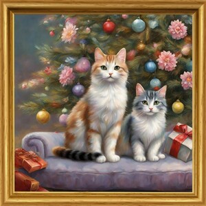 猫　花　クリスマスツリー　月　星　イラスト　絵　絵画　インテリア　子猫 Ｌ版サイズプリント ハンドメイド　NO72　