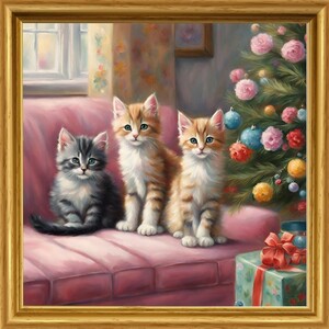 Art hand Auction Cat, Flower, Christmas Tree, Illustration, Picture, Painting, Interior, Brown Tabby, Large Size Print, Handmade, NO65, Artwork, Painting, others