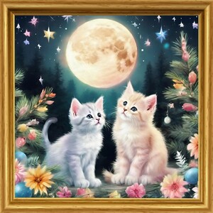 猫　花　クリスマスツリー　月　星　イラスト　絵　絵画　インテリア　子猫 Ｌ版サイズプリント ハンドメイド　NO71　茶トラ　サバトラ　