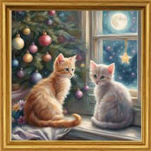 猫　花　クリスマスツリー　月　星　イラスト　絵　絵画　インテリア Ｌ版サイズプリント ハンドメイド　NO59_画像1