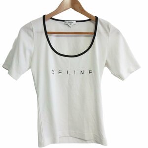 美品 CELINE セリーヌ ヴィンテージ 半袖 ラウンドネック ロゴ刺繍 Tシャツ カットソー 38 ホワイト