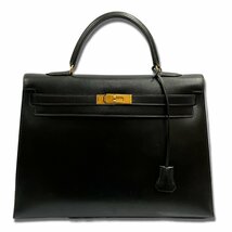 美品 HERMES エルメス ケリー35 ボックスカーフ 外縫い ハンドバッグ 〇Z刻印 ストラップ付き ブラック×ゴールド金具_画像1