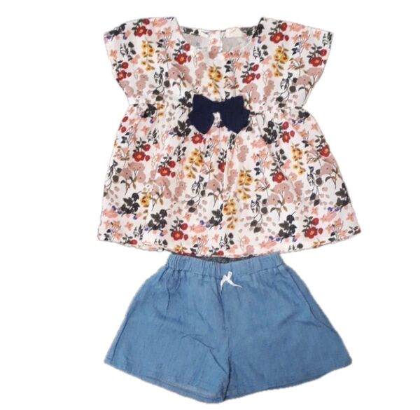 リボン付き花柄 半袖トップス+ショートパンツセット 100㎝