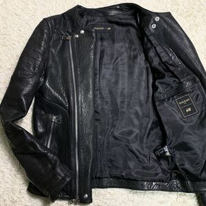 幻の逸品/XL BALMAIN バルマン H&M エイチ&エム ライダース レザージャケット ラムレザー ブルゾン クロコ型押し ブラック 黒 羊革 48 別注