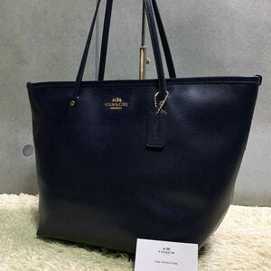 1円 希少色 COACH コーチ メンズ トートバッグ ショルダー A4収納 肩掛け レザー 本革 ネイビー 紺 青系 ビジネス ブリーフ 書類 カバン