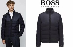 15万新品◆48=M◆BOSS ヒューゴボス 中綿入りウールストレッチ素材切り替えダウンジャケット 紺『Cink』1円