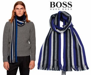 3万新品◆BOSS ヒューゴボス マルチカラーストライプ柄ウールマフラー 1円