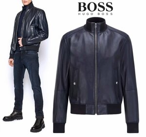 19万新品◆54＝XL◆BOSS ヒューゴボス 羊革ジップアップブルゾン紺 1円